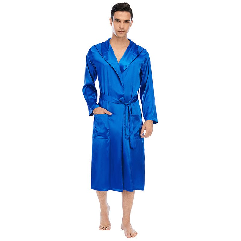 Men's Royal Blue Hooded Long Silk Robe 100% Pure Mulberry Silk - slipintosoft
