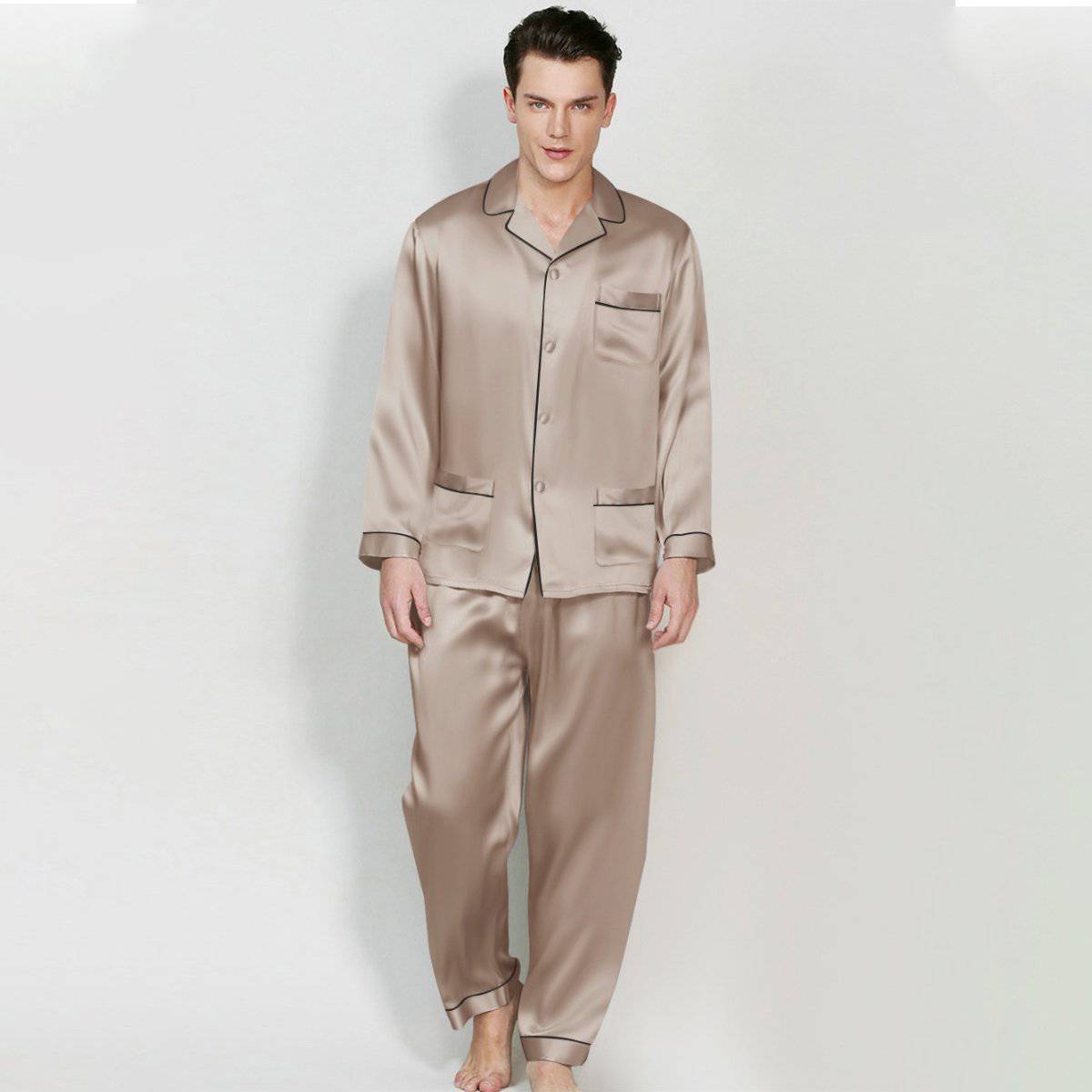 Men's Silk Long Pajamas Set with Pockets Silk Long Button-Down Pajamas Set - slipintosoft