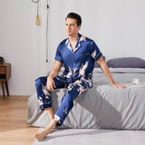 Men‘s Silk Pajama Set Button Down Short Sleeve Print Silk Sleepwear with Long Pants - slipintosoft