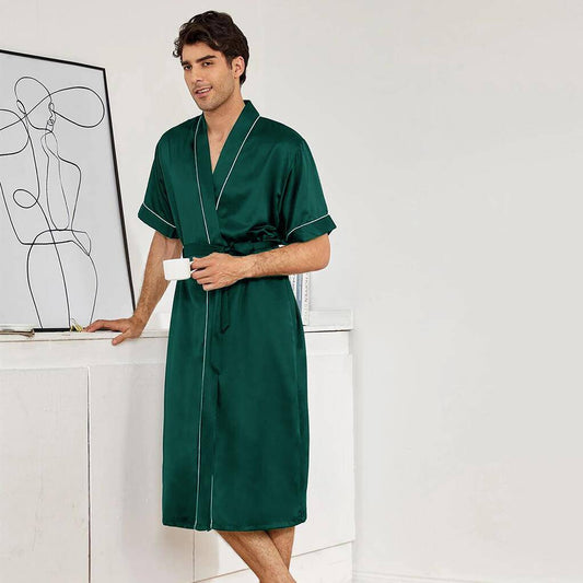 Men's White Trimmed Short Sleeved Green Silk Robe With Belt - slipintosoft