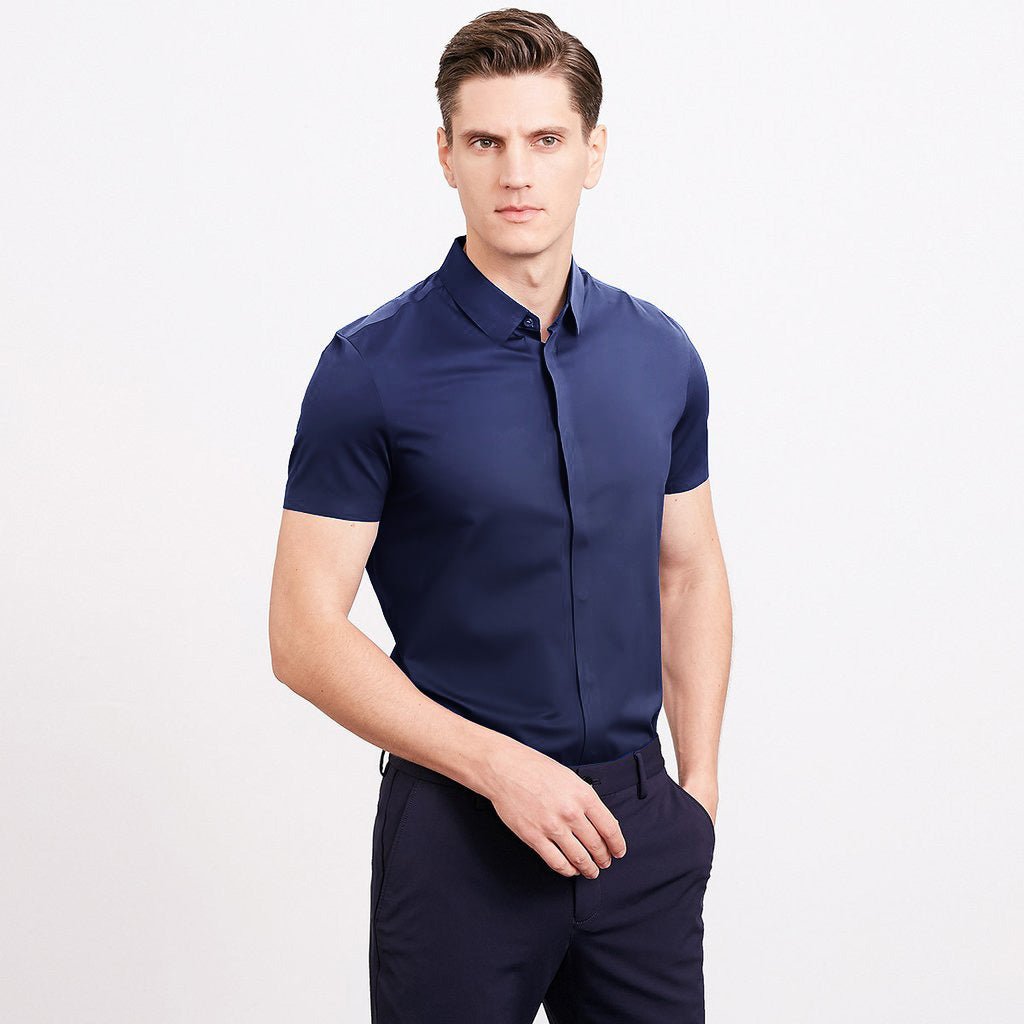 Classic Short Sleeves Silk Shirt For Men  Concealed Placket Silk Top