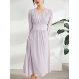 Ladies 100% Pure Silk Elegant Long Sleeves Dress Temperament Light Purple Silk Dresses