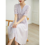 New Ladies 100% Pure Silk Elegant Long Sleeves Dress Temperament Light Purple Silk Dresses - slipintosoft