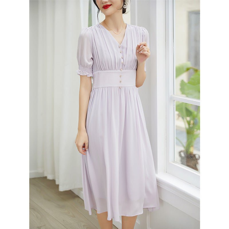 New Ladies 100% Pure Silk Elegant Long Sleeves Dress Temperament Light Purple Silk Dresses - slipintosoft