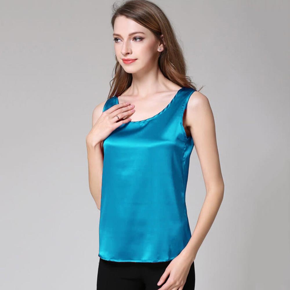 Peacock Blue Classic Round Neck Silk Tank Top for Ladies - slipintosoft