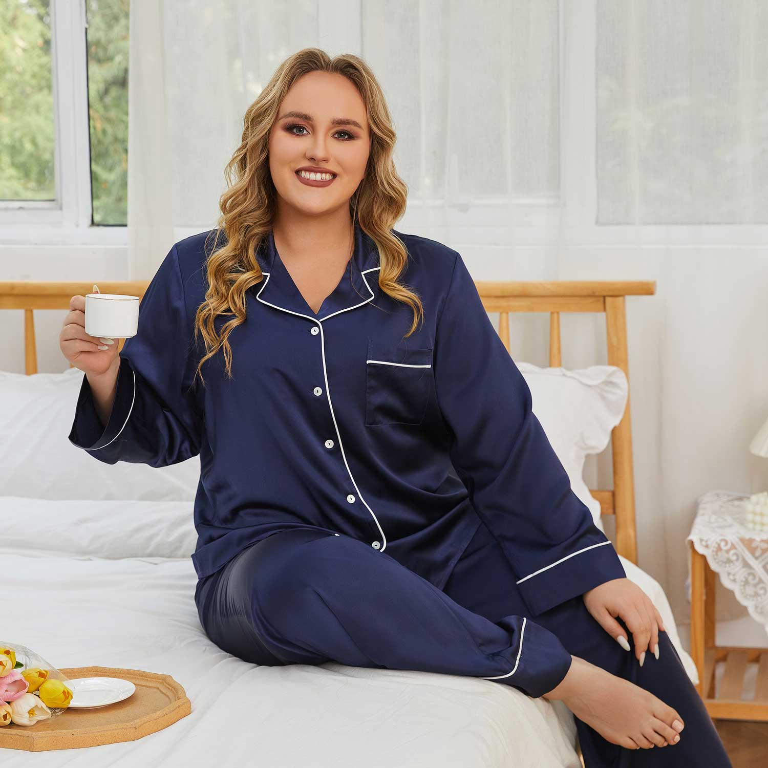 Plus Size Silk Pajamas for Women Long Plus Silk PJS Top Pajamas Set - slipintosoft