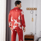 Print long Silk Pajamas Set For Men Classic ButtonDown Silk Sleepwear - slipintosoft