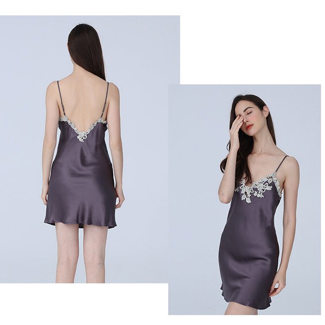 Pure Silk Lace Nightgown Silk V-Back Slip Dress - slipintosoft