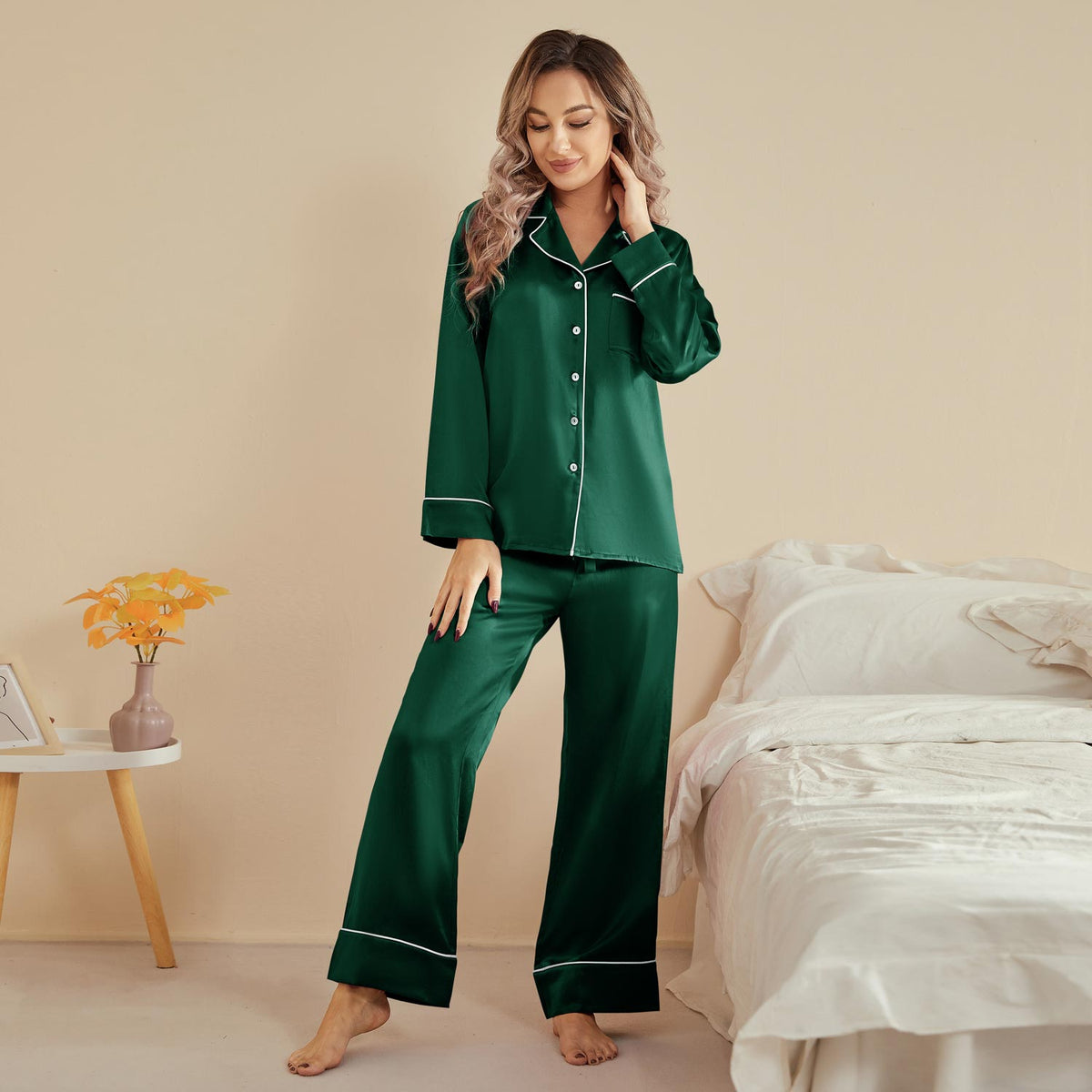Women's Green Satin Pajamas Set Sleeveless