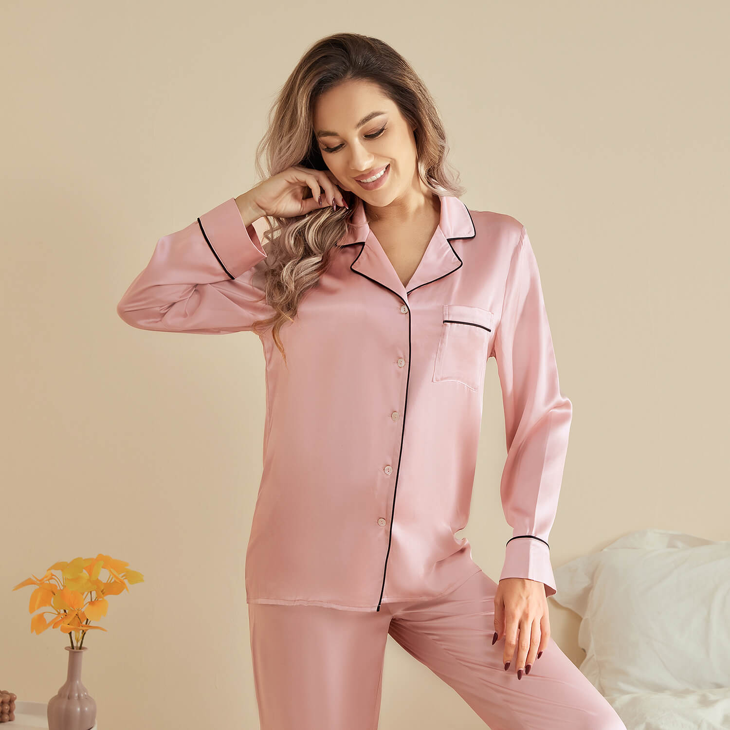 Quality Pure Women Silk Pjs Long Sleeves Nice Luxury Silk Ladies Pajamas Set - slipintosoft
