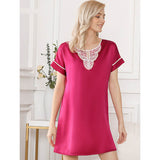 Rose Red Round Neck Short Sleeved Lace Neckline Silk Nightgown - slipintosoft