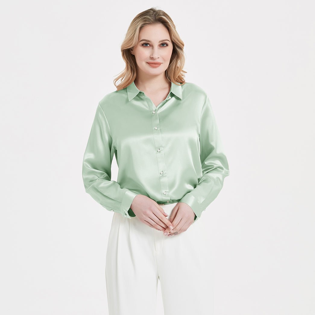 Elegant Womens Pearl Buckle Silk Blouse  100% Mulberry Silk Long Sleeves Shirt