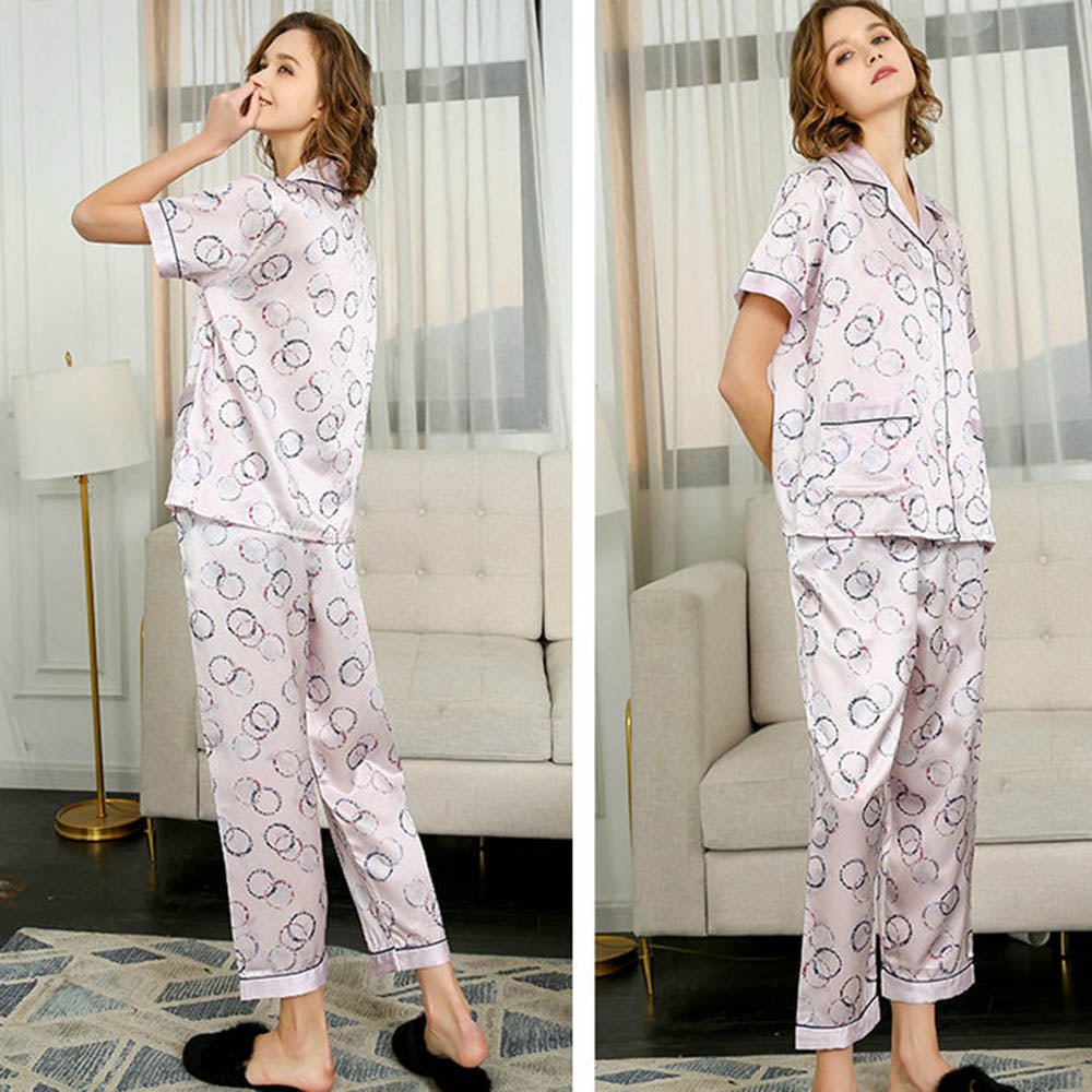 Short Sleeved Pink Printed Silk Pajamas Pants Set For Women - slipintosoft