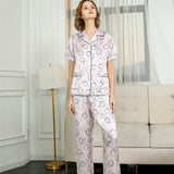 Short Sleeved Pink Printed Silk Pajamas Pants Set For Women - slipintosoft