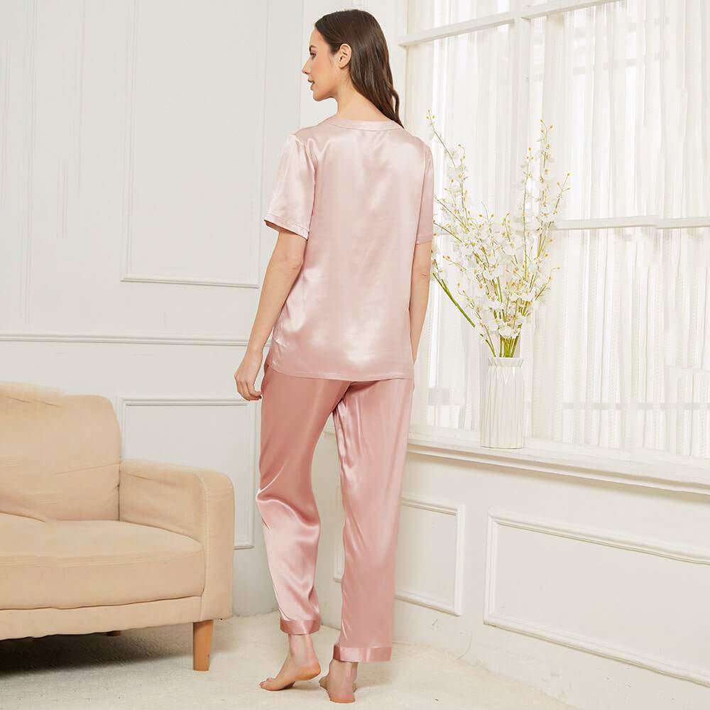 Fashion Women Pajama Stain Silk Ladies Round Neck Short Sleeved