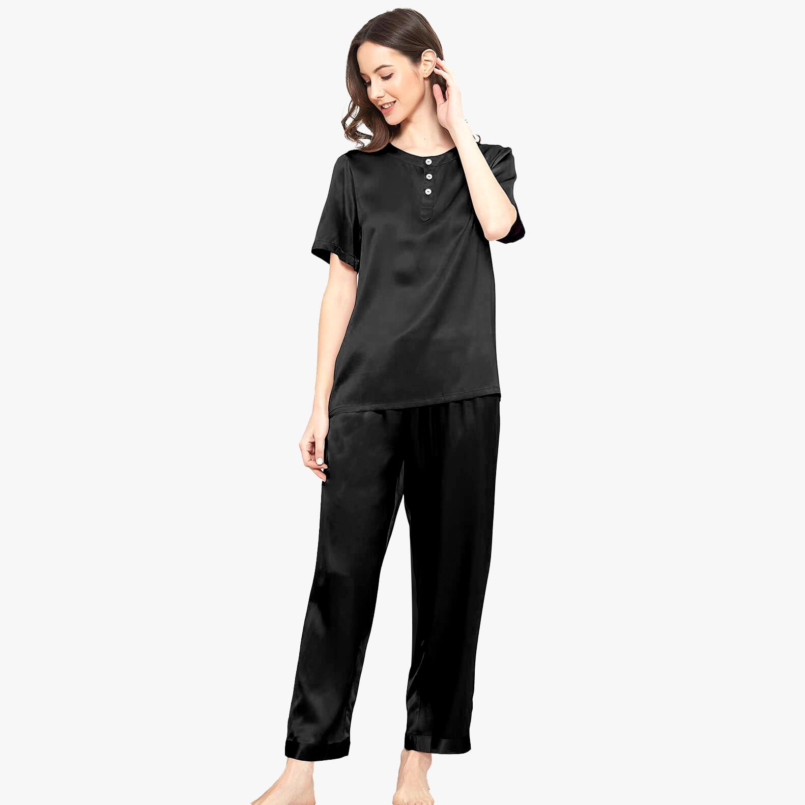 Short Sleeves Silk Pajama Set For Women Round Neck Button Tie Pullover Silk Pajamas - slipintosoft