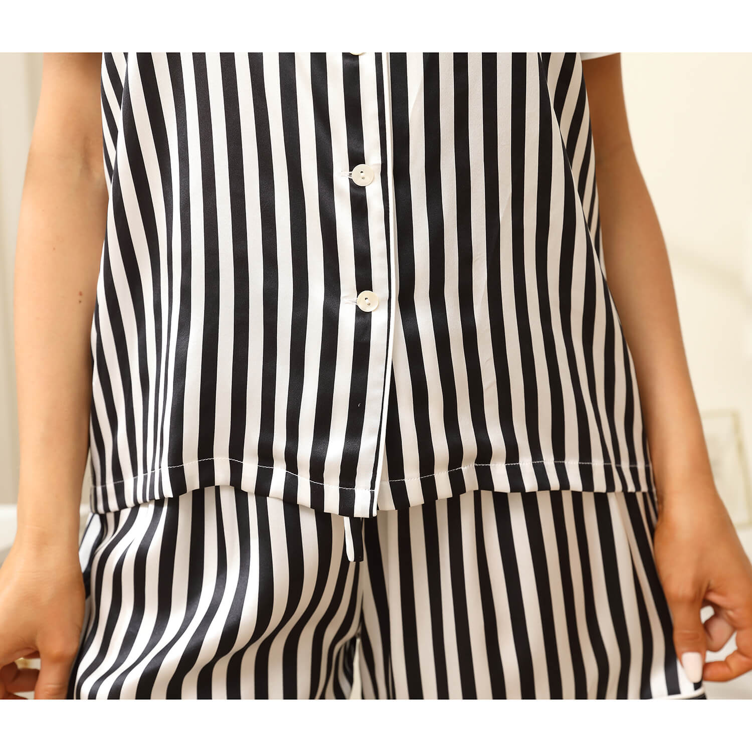 Short Stripe Silk Pajamas Short Silk PJS Black Striped Pink Silk PJ Set - slipintosoft