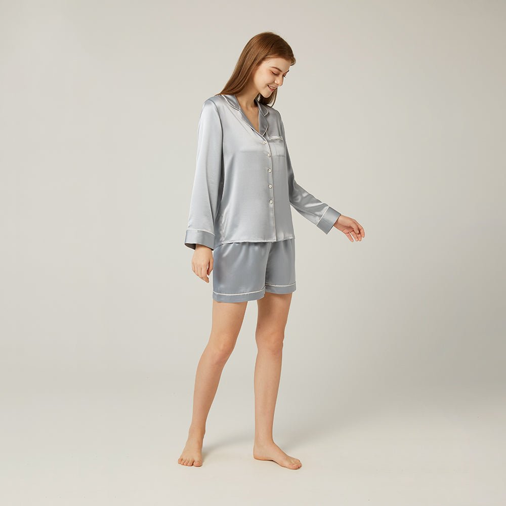Silk Pajamas Set for Women Long Sleeved Silk Blouse Shorts Pants Sets - slipintosoft