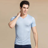 Silk Tee For Mens Mulberry Silk Knitted V Neck T Shirts Short Sleeve Undershirts Silk Shirts for Men - slipintosoft