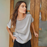 Silvergray Round Neck Short Sleeve Basic Silk Shirt For Women - slipintosoft