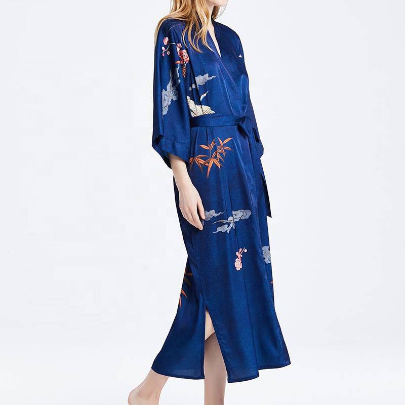100% Long Silk Kimono Robes Dark Blue Peony Chinese Painting Sexy Women Sleepwear -  slipintosoft