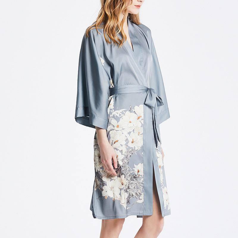 100% Short Silk Kimono Robe Blue Hand Painted Cherry Blossoms for Ladies -  slipintosoft