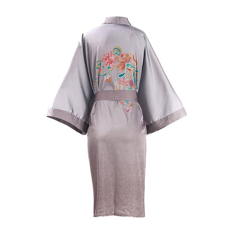 100% Short Silk Kimono Robes with Belt Gray Hand Painting for Women Sexy Nighties -  slipintosoft