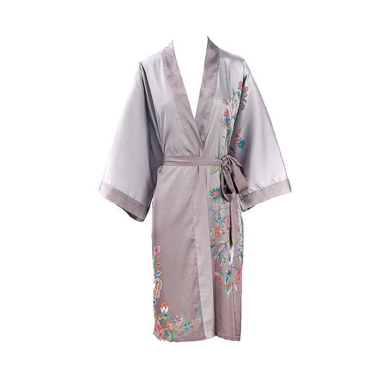 100% Short Silk Kimono Robes with Belt Gray Hand Painting for Women Sexy Nighties -  slipintosoft