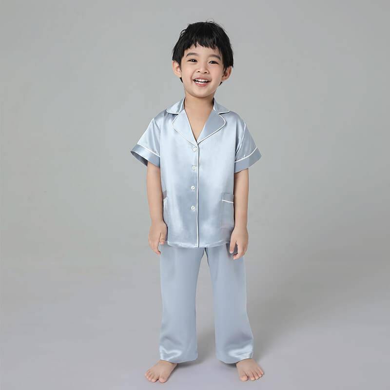 19 Momme Boys Short Silk Pajamas Set White Trimming Kid's Comfortable Nightwear -  slipintosoft