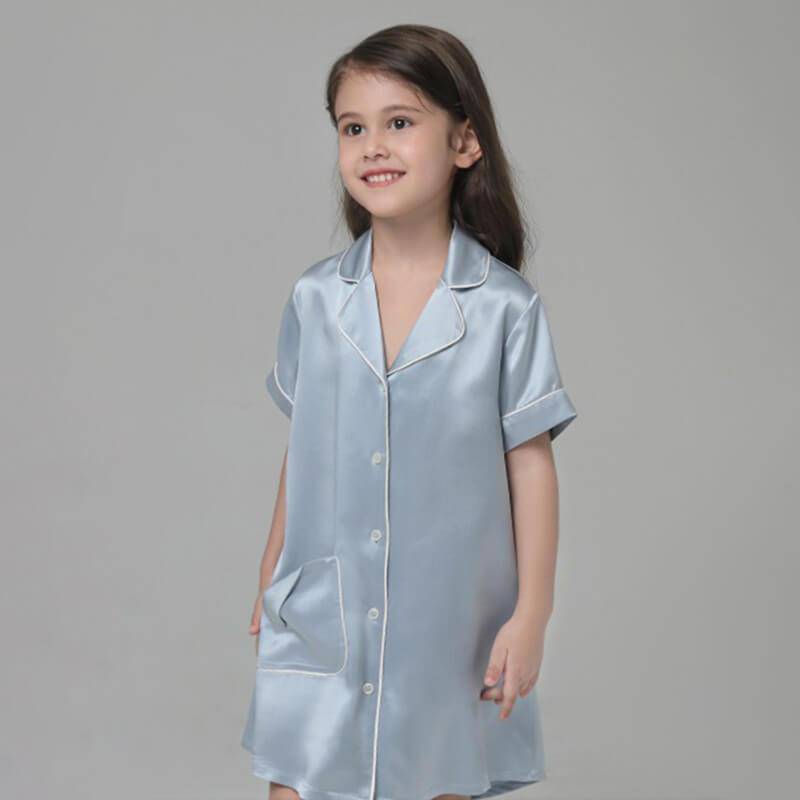 Kid's Silk Nightshirt Girls Fashion Sleep Shirt with Pocket White Piping