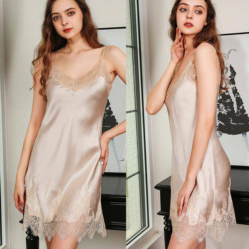 19 Momme Women's Silk Nightgown with Lace Ladies Classic V Neck with Lace Split Nightwear -  slipintosoft