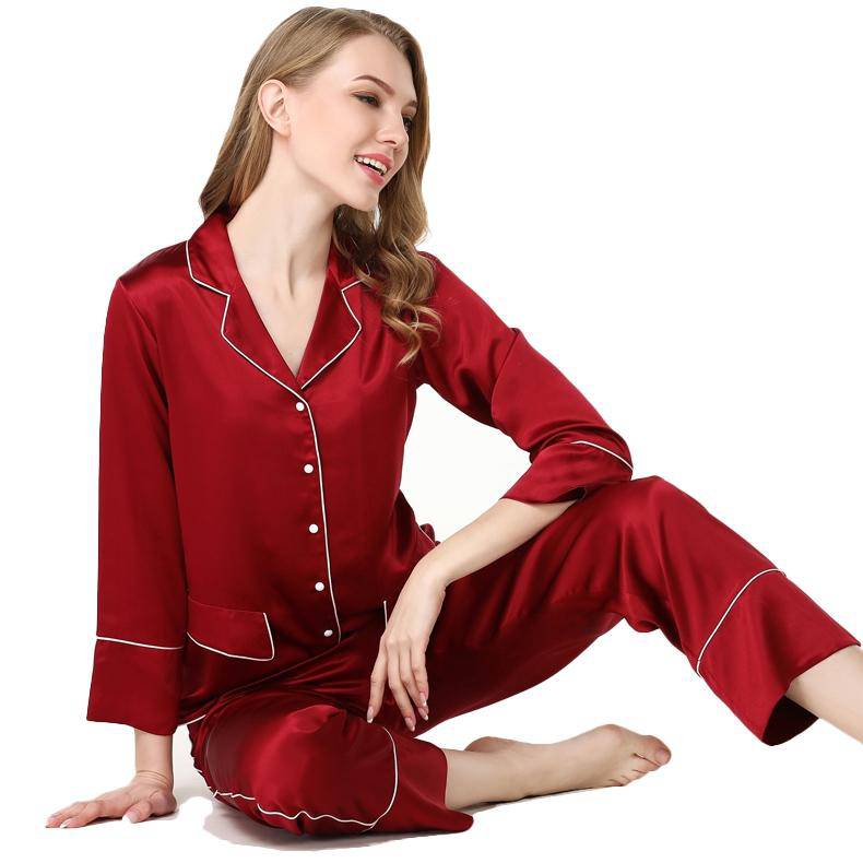 Women Silk Pajamas Set Printed with Pockets Ladies Gorgeous Silk Night