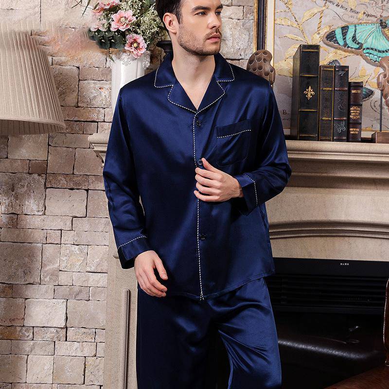 Blue Long Best Mens Silk Pajamas Set Most Comfortable Silk Sleepwear P