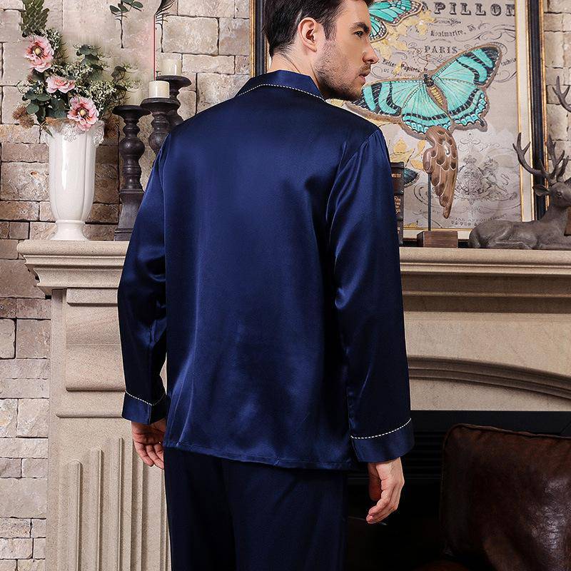Blue Long Best Mens Silk Pajamas Set Most Comfortable Silk Sleepwear P