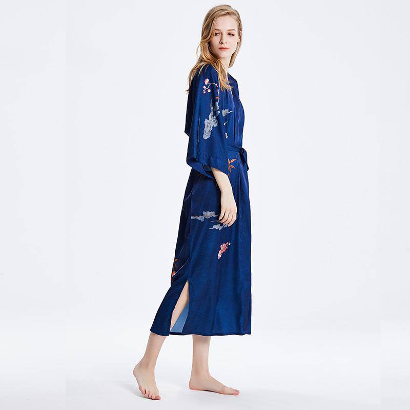 Long 100% Silk Kimono Robe Dark Blue Floral Printed  Women High Waist  Elegant Sleepwear Fancy Night Wears All Sizes -  slipintosoft
