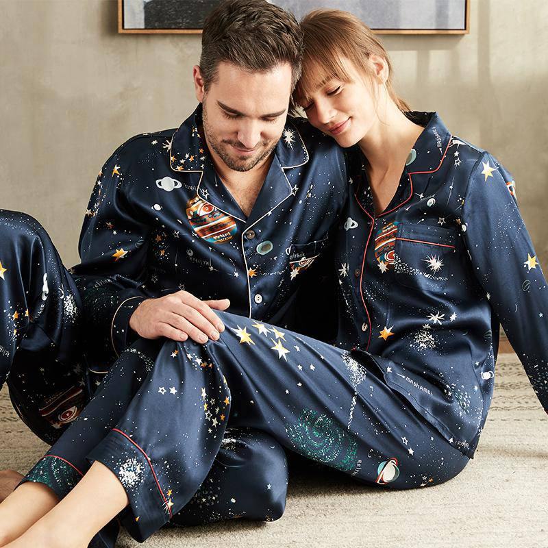 Luxury Printed Silk Pajamas Set For Couple Long Sleeves Sleepwear