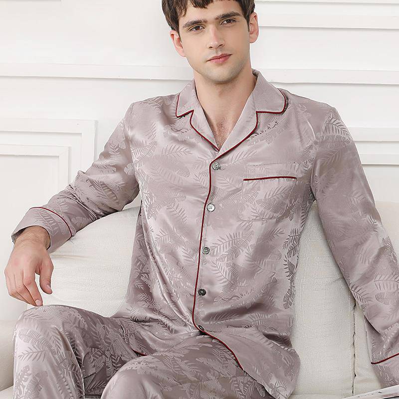 Long Sleeved Leaf Printed Men's Silk Pajamas Set Real pure luxury Silk Sleepwear -  slipintosoft
