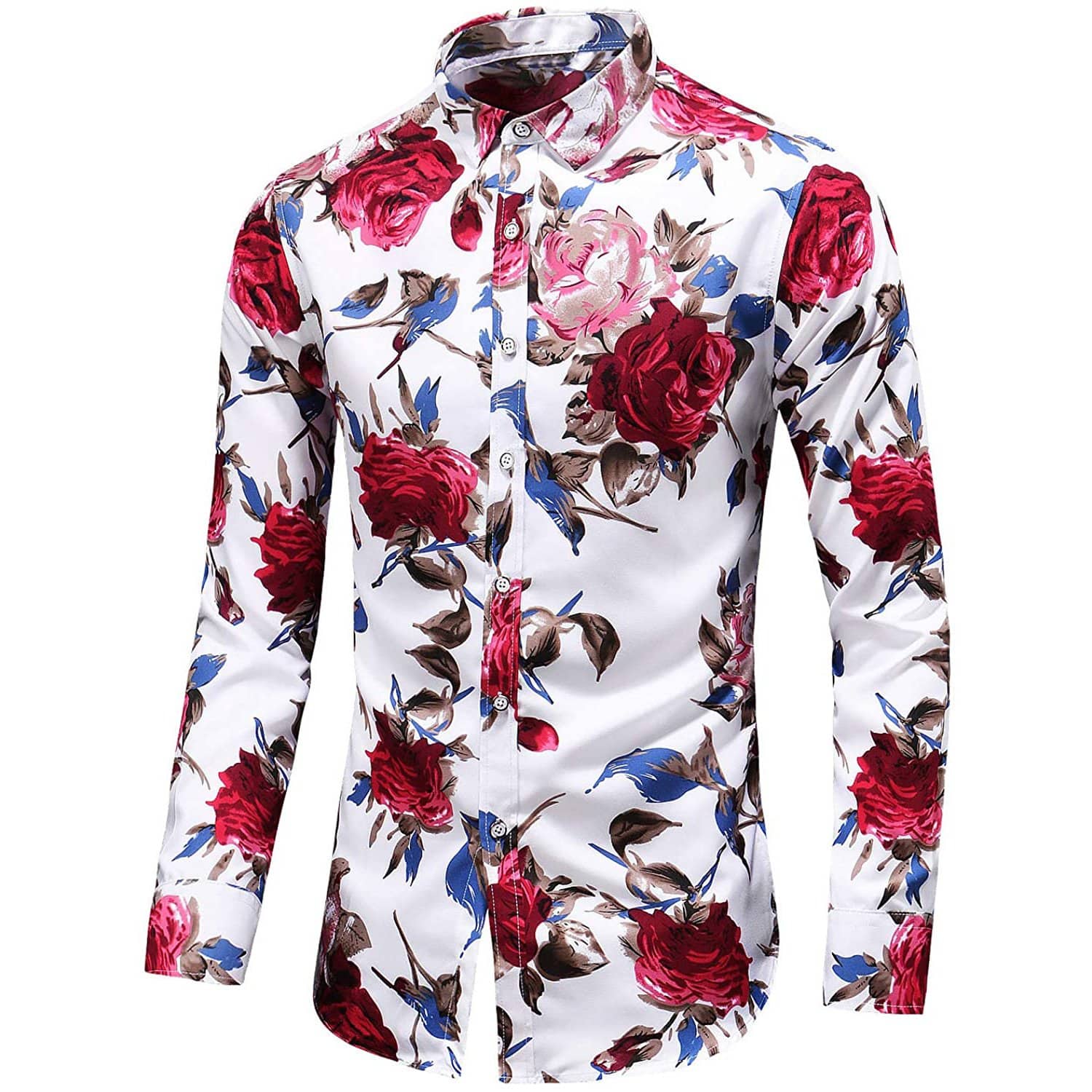 Men Summer Floral Flower Print Shirt Long Sleeve Hawaiian Shirt Dress Shirt  Tops