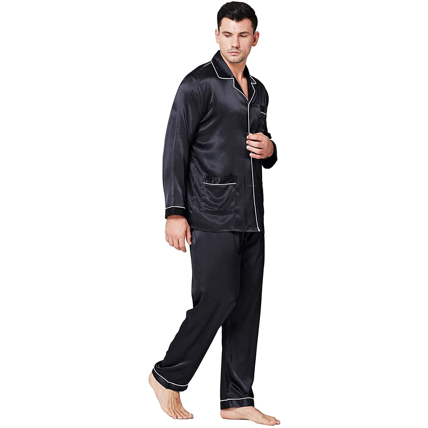 Men's Silk Long Pajamas Set with Pockets Silk Long Button-Down Pajamas Set -  slipintosoft