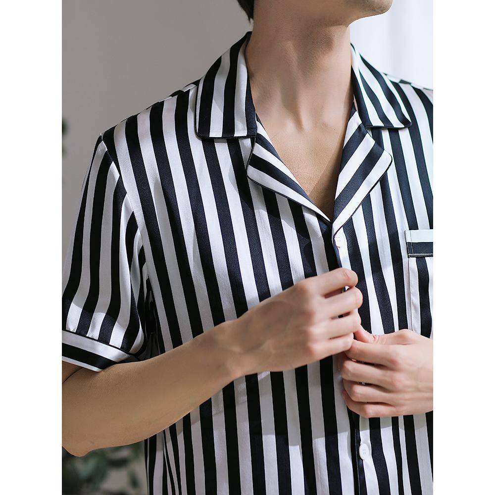 Mens Striped Short Silk Pajama Set Black And White Stripe Silk Pajamas