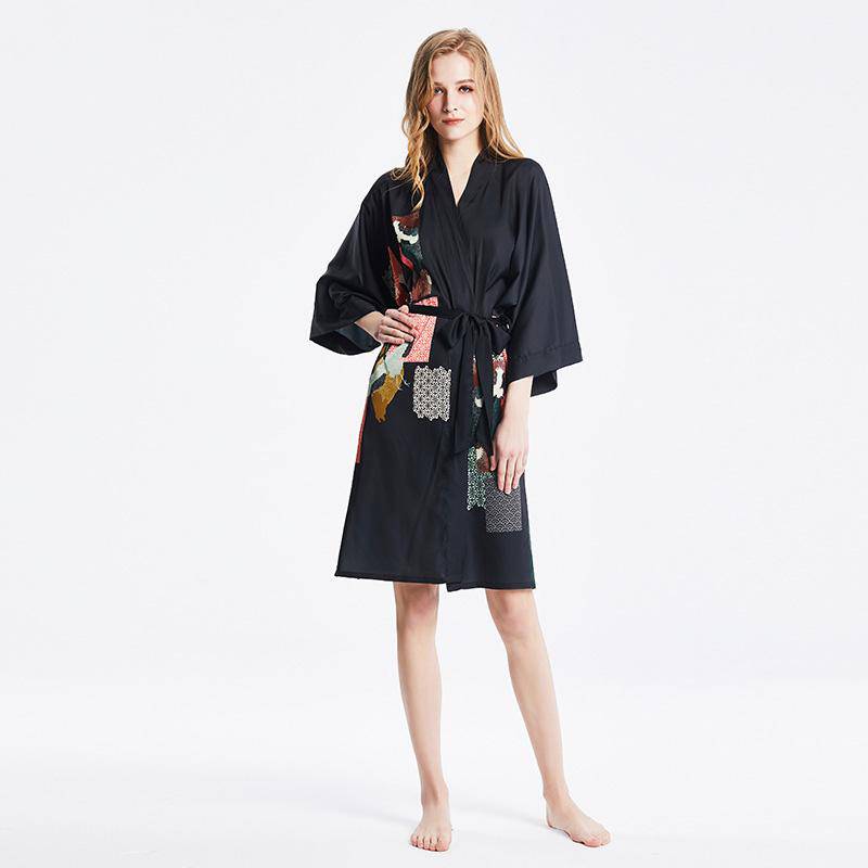 Ladies' 100% Mulberry Short Silk Kimono Robe with Belt Black Handpainted for Women All Sizes -  slipintosoft