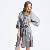 100% Short Silk Kimono Robes with Belt Gray Hand Painting for Women Sexy Nighties