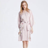 100% Short Silk Kimono Robe Light Pink in Chinese Printing Ladies Sleek and Soft Loungwear