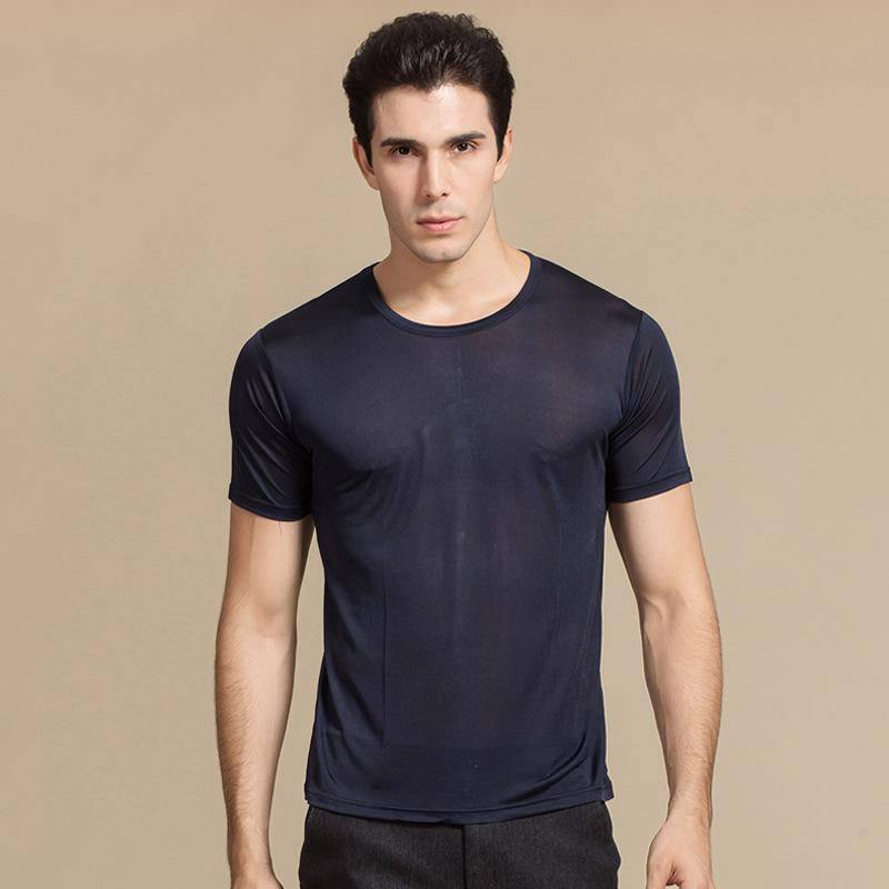 Mens Classic Crew Neck Silk T-Shirt Top Short Sleeve Undershirts Silk