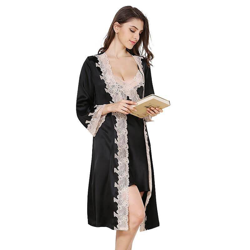 Sexy V neck Long Silk Nightgown And Robe Set With Lace -  slipintosoft