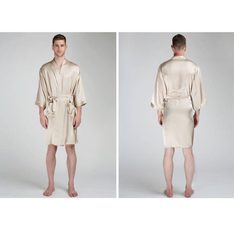 Short Men's Silk Robe Luxury Pure Silk Kimono Robe with Pockets Big and Tall Size -  slipintosoft