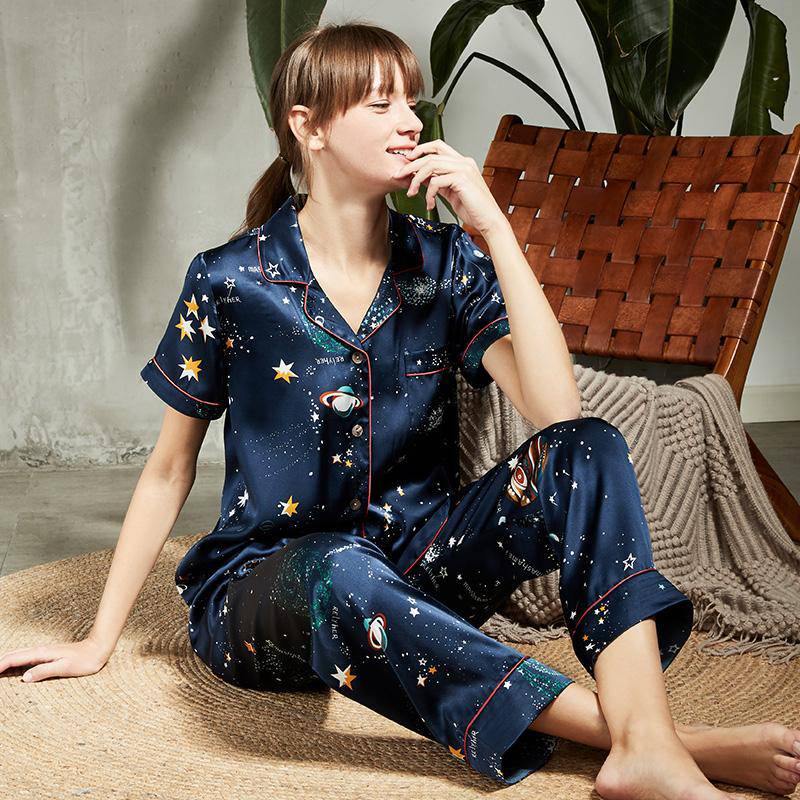 Long Printed Silk Matching Pajamas Silk Pajamas Sets for Couple