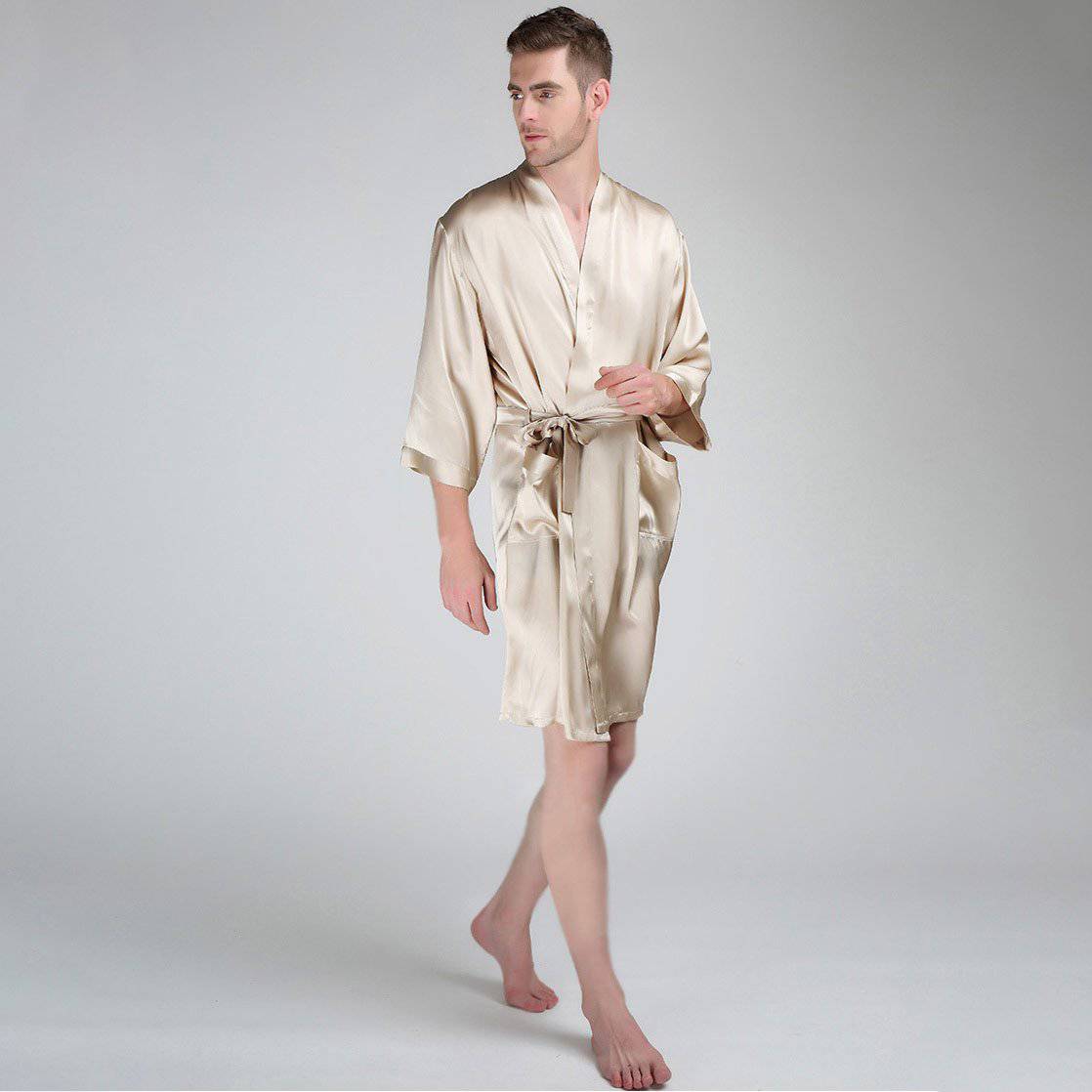 Mens Satin Silky Two-Tone Kimono Robe With Pockets, KÂfemme