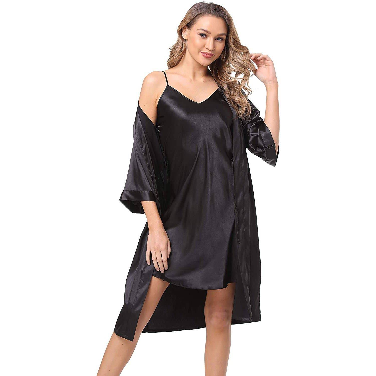 Long Satin Pajama Set Black Plus Size Womens Pjs Sexy Silk