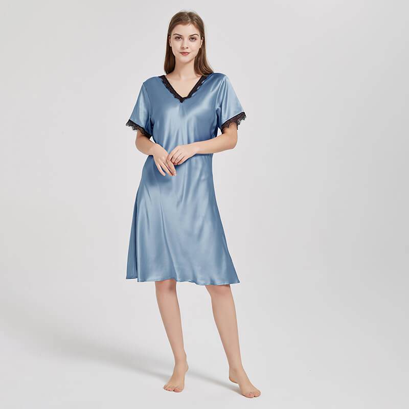 Womens Silk Sleep Shirt Silk Long Sleeve Nightshirt Button Down Silk Pajama  Top Dress